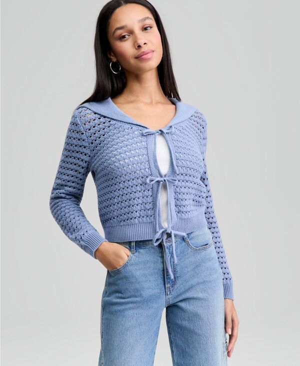アンドノウディス レディース アウター ニット・セーター カーディガン And Now This Womens WideCollar TieFront Pointelle Cardigan Rain Washed