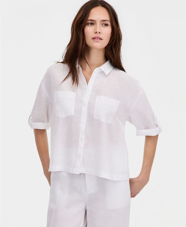 チャータークラブ レディース トップス シャツ プリント リネン Charter Club Womens 100 Linen Print RollTab Camp Shirt Bright White ホワイト