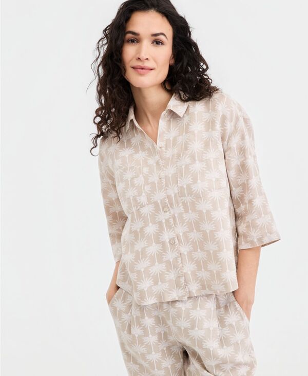 チャータークラブ レディース トップス シャツ プリント リネン Charter Club Womens 100 Linen Print RollTab Camp Shirt Flax Palm