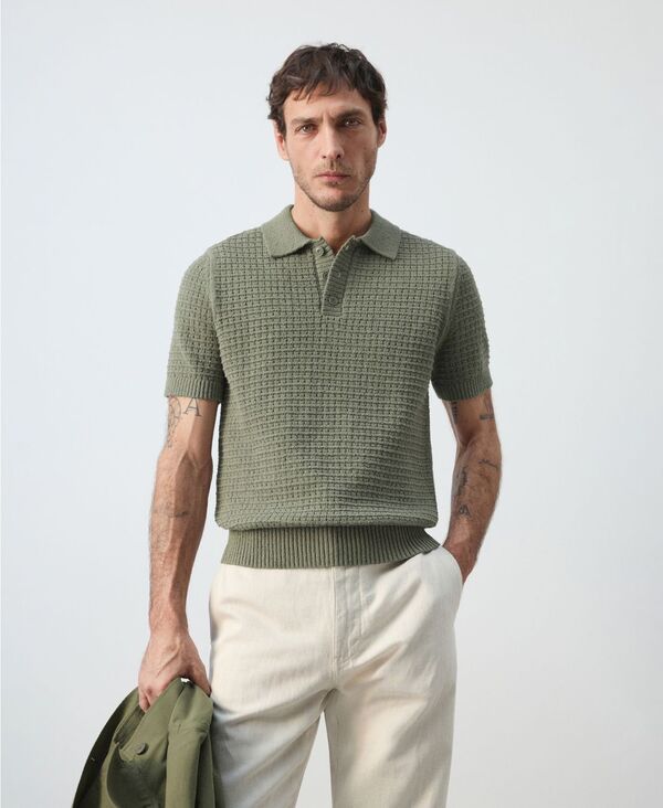 マンゴ メンズ トップス ポロシャツ ニット MANGO Mens Waffle Knit Polo Shirt Forest Green グリーン