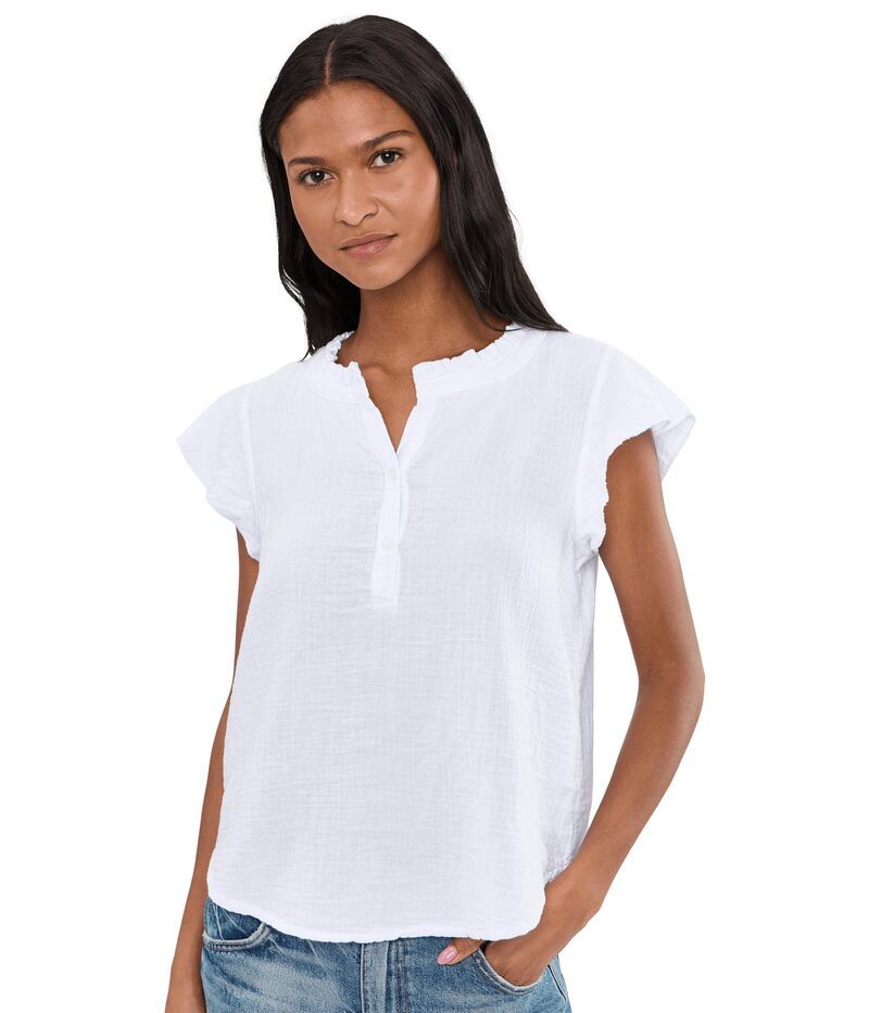 モッドドック レディース トップス シャツ フリル キャップ Mododoc Gauze Flutter Cap Sleeve Ruffle Neck Henley ShirtWo White ホワイト