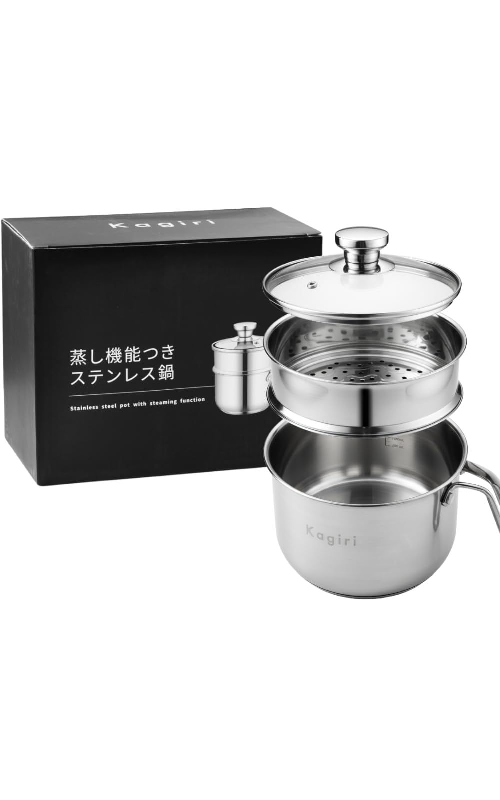 Kagiri 蒸し機能付き 二段 マルチポッド 片手鍋 スチーム ステンレス製 ガラス蓋付き ガス火 IH対応 蒸し器 時短 省エネ 1.9L 直径17cm