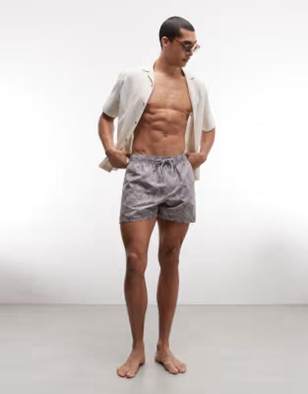 エイソス メンズ 水着 ハーフパンツ・ショーツ プリント ショートパンツ ASOS DESIGN short length swim shorts with paisley print Gray グレー