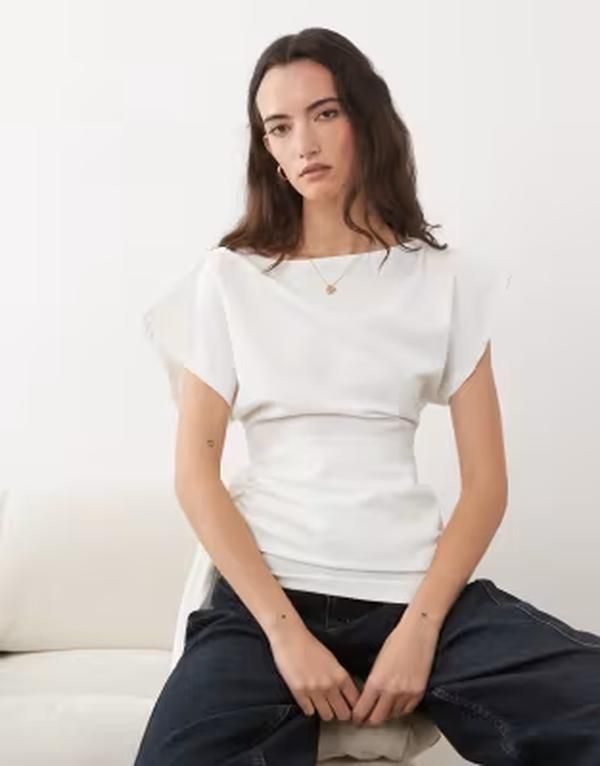 エイソス レディース トップス Tシャツ ラップウエスト ASOS DESIGN slash neck wrap waistop WHITE ホワイト