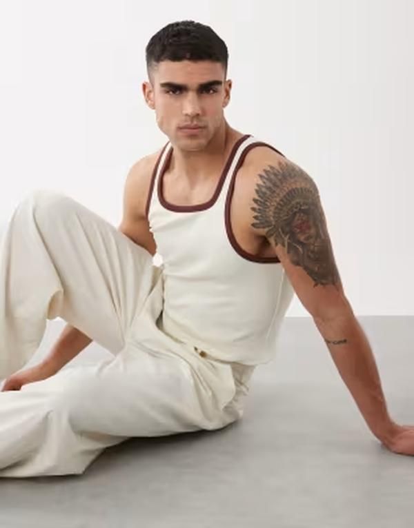 エイソス メンズ トップス ベスト リブ コントラスト ASOS DESIGN muscle fit ribbed tank with contrast in cream Coconut milk クリーム