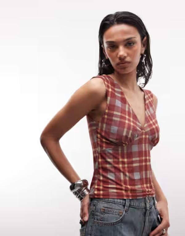 リクレイム ヴィンテージ レディース トップス タンクトップ Vネック プリント Reclaimed Vintage check print v neck tank top Red check レッド
