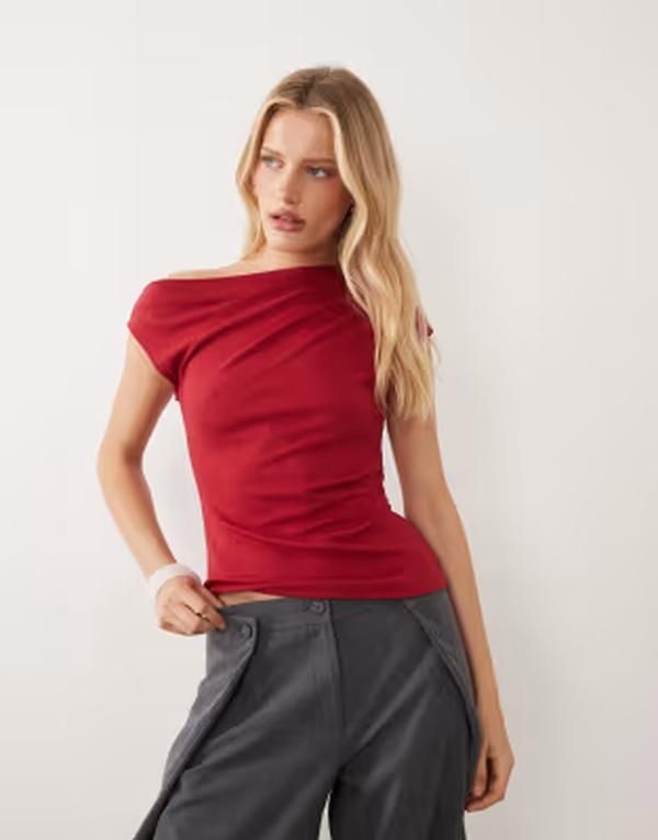 マンゴ レディース トップス Tシャツ アシンメトリー コットン Mango cotton mix asymmetric Tshirt RED レッド