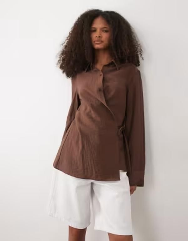 マンゴ レディース トップス シャツ リネン Mango linen mix long sleeve shirt with side tie BROWN ブラウン