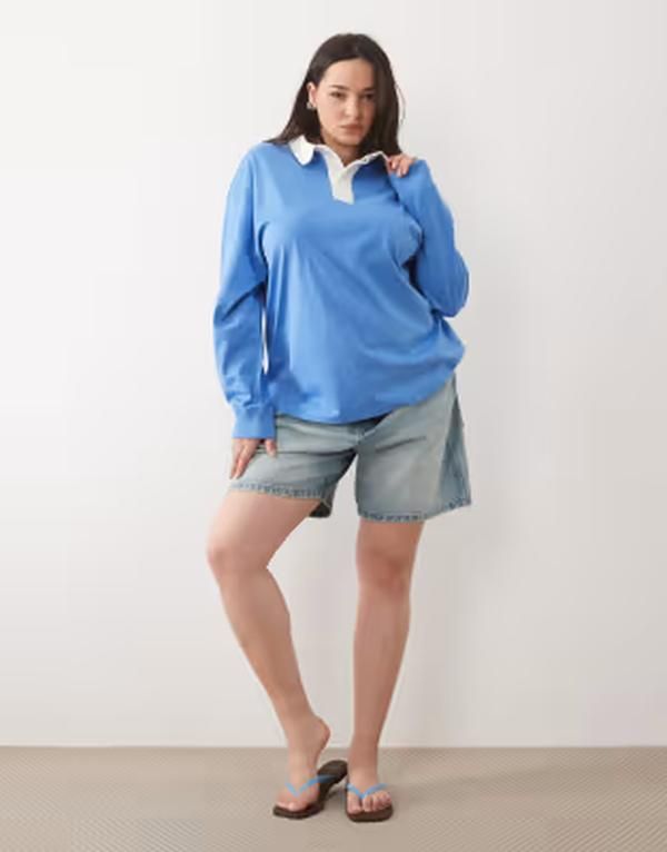 エイソス レディース トップス Tシャツ ポロシャツ コントラスト ASOS Curve ASOS DESIGN Curve contrast collar polo Tshirt in light BLUE WHITE ホワイト