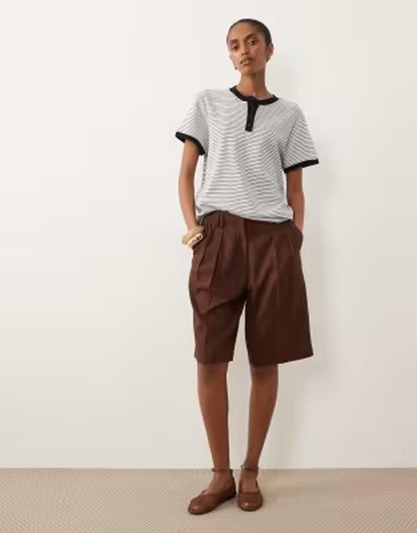 エイソス レディース トップス Tシャツ ASOS DESIGN henley Tshirt and white stripes Blackwhite stripe ホワイト