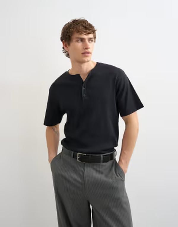トップマン メンズ トップス ポロシャツ リブ Tシャツ Topman classic fit ribbed henley Tshirt Black ブラック