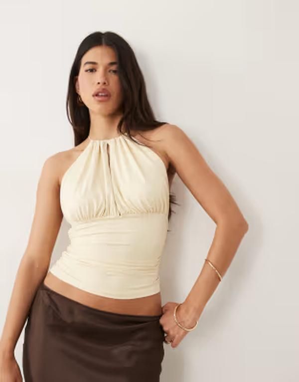 エイソス レディース トップス シャツ ウエストマーク ハイネック ホルター ASOS DESIGN polyamide high neck cinched waist halter top in cream クリーム