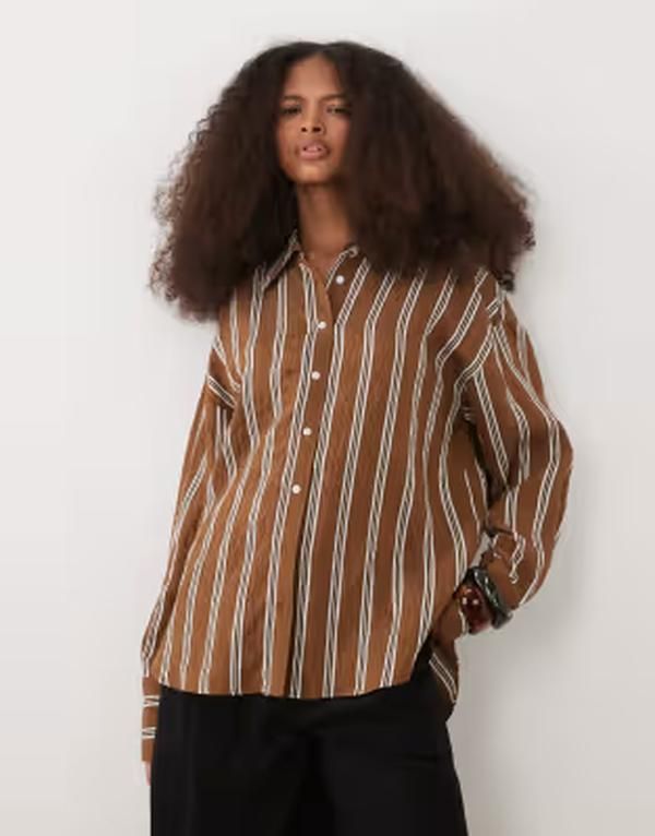 マンゴ レディース トップス シャツ Mango classic oversized shirt stripe BROWN ブラウン
