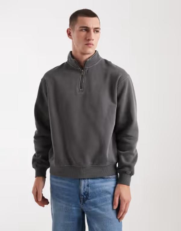 コットンオン メンズ アウター パーカー・スウェット ハーフジップ フリース Cotton quarter zip fleece in slate stone Slate stone スレート