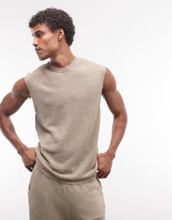 エイソス メンズ トップス ベスト メッシュ ニット ASOS DESIGN knit mesh tank in stone part of a set STONE ストーン