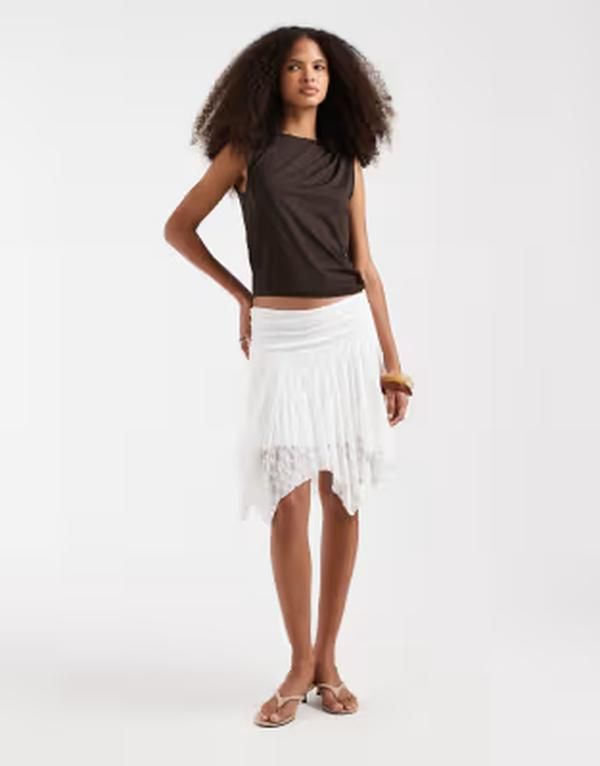 ピーシーズ レディース ボトムスカート アシンメトリー ミニ レース Pieces asymmetric hem flippy lace mini skirt Bright White ホワイト