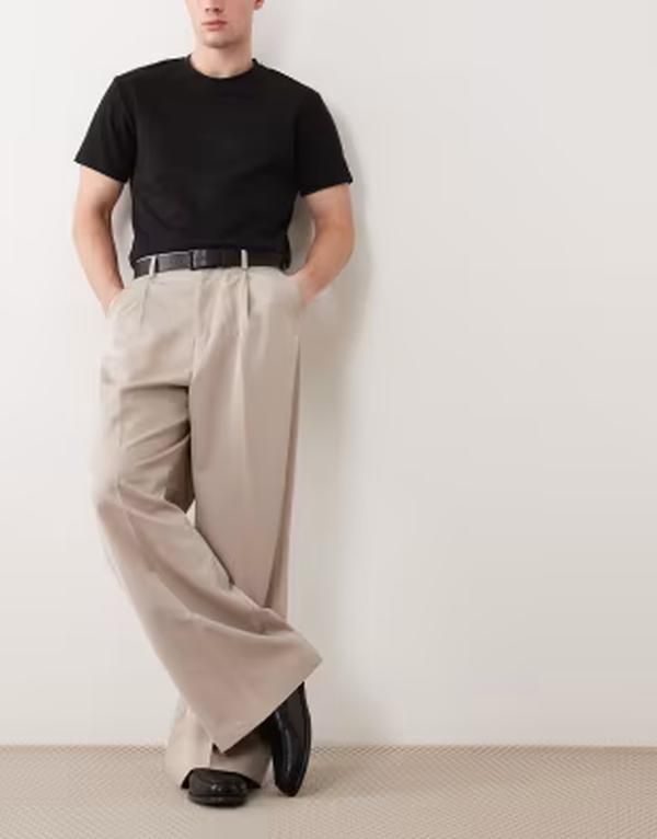 エイソス メンズ ボトムス カジュアルパンツ プリーツ ASOS DESIGN smart pleated loose leg pants in dark stone ストーン