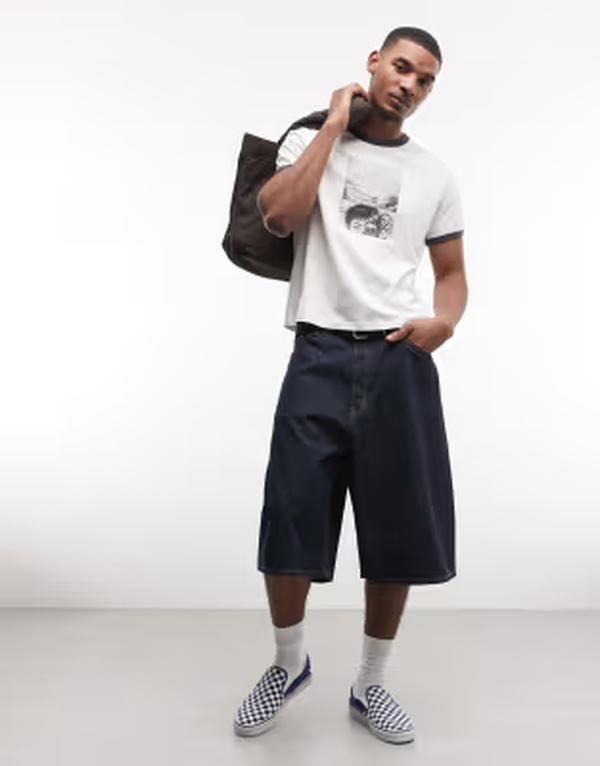 ウィークデイ メンズ ボトムス ハーフパンツ・ショーツ ショートパンツ Weekday baggy long shorts in dark Blue rinse ブルー