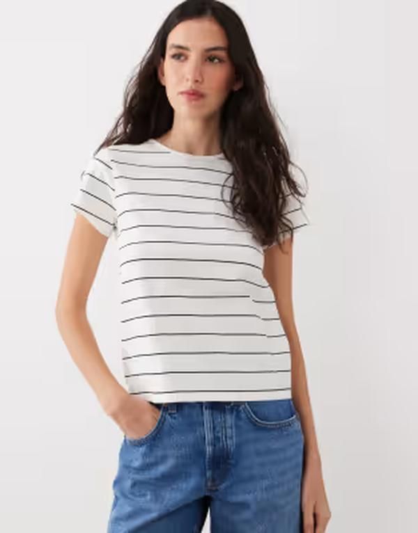 マンゴ レディース トップス Tシャツ コットン Mango 100 cotton short sleeve Tshirt stripe White Stripe ホワイト
