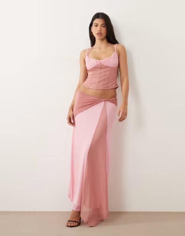 エイソス レディース ボトムスカート メッシュ ミディ コントラスト ASOS DESIGN mesh contrast midi skirt with waist detail part of a set pink ピンク