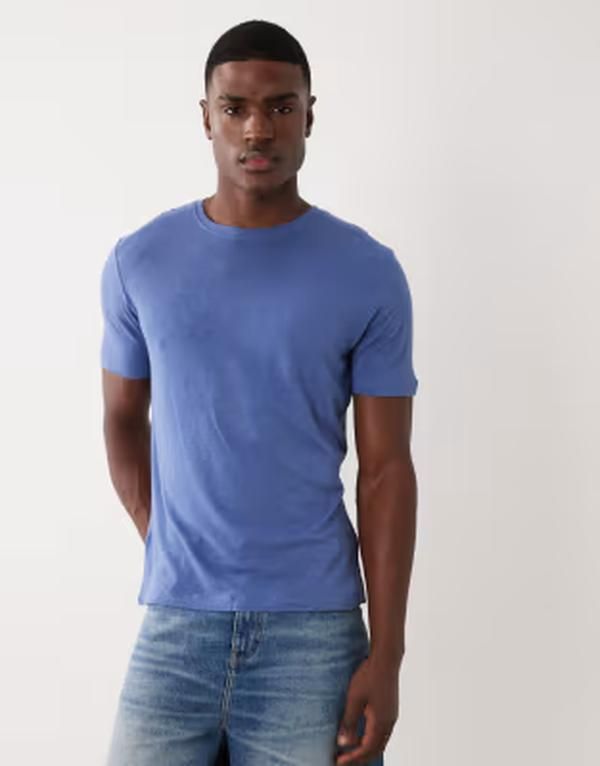 マンゴ メンズ トップス Tシャツ スリムフィット リネン Mango linen mix slim fitshirt in mid BLUE ブルー
