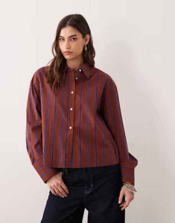 マンゴ レディース トップス シャツ コットン Mango 100 cotton shirt in rust and blue stripe Multi マルチカラー