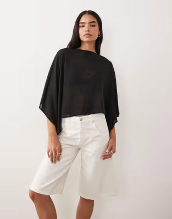 エイソス レディース トップス Tシャツ ケープデザイン アシンメトリー シアー キャップ ケープ ASOS DESIGN slubby sheer asymmetricape Black ブラック