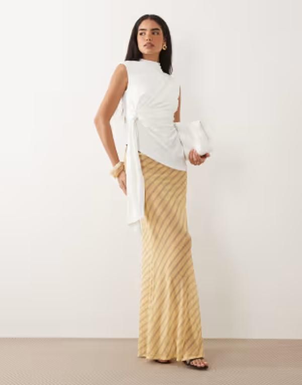 エイソス レディース ボトムスカート プリント メッシュ シアー マキシ ASOS DESIGN printed sheer mesh maxi skirt in yellow stripe Yellow stripe イエロー 11,005円