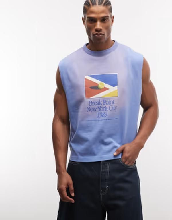 エイソス メンズ トップス ベスト グラフィック ASOS DESIGN boxy oversized tank with tennis graphic in washed BREAK POINT BLUE ブルー