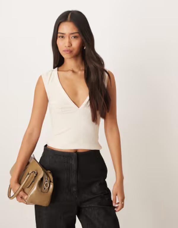 モーテル レディース トップス シャツ Motel Emberly short sleeve plunge top IVORY アイボリー