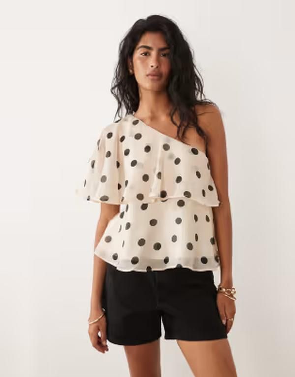 ジェイディーワイ レディース トップス シャツ ドット フリル JDY ruffles detail one shoulder top in cream polka dots CREAM クリーム