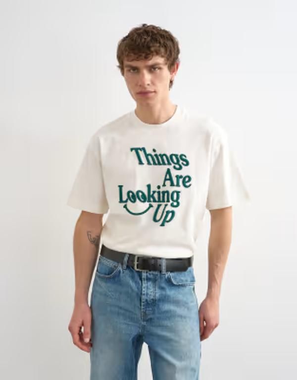トップマン メンズ トップス Tシャツ リラックスフィット Topman relaxed fitshirt withings are looking up embroidery in ecru WHITE ホワイト