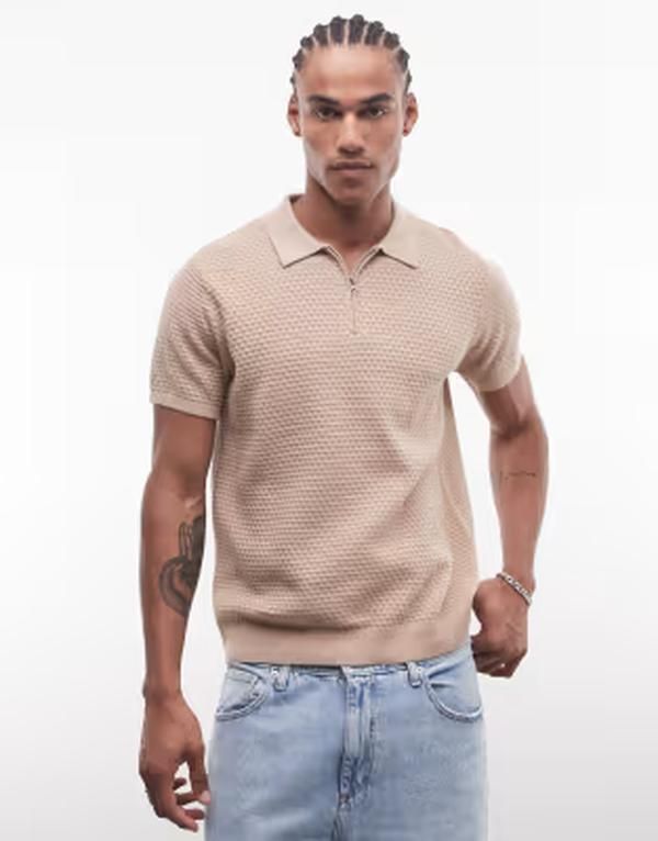 カポ メンズ トップス ポロシャツ CAPO micro square zip collar polo shirt in taupe トープ