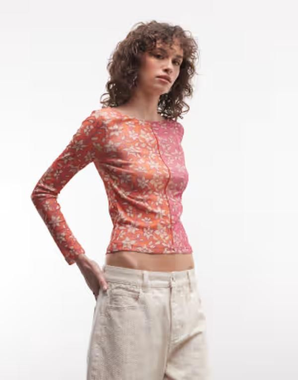 リクレイム ヴィンテージ レディース トップス シャツ フラワー柄 プリント フラワー Reclaimed Vintage slash neck spliced floral print long sleeve top Multi マルチカラー