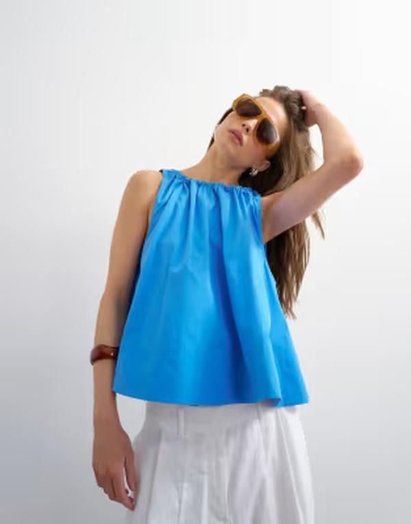トップショップ レディース トップス タンクトップ Topshop trapeze tie back top Blue ブルー