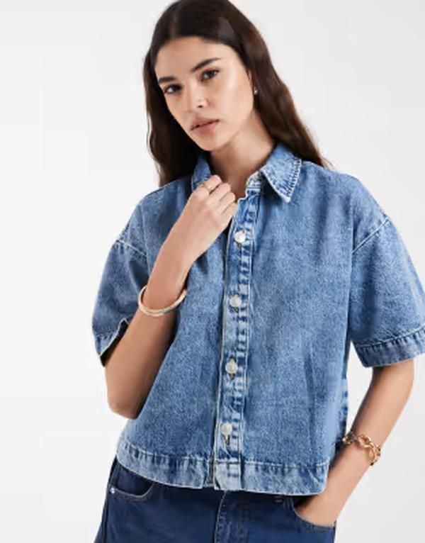 ピーシーズ レディース トップス シャツ デニム PIECES boxy denim shirt in medium blue denim デニム