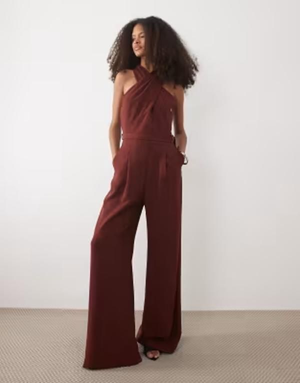 マンゴ レディース トップス ジャンプスーツ ホルター Mango twist detail halterneck belted jumpsuit in deep RED レッド