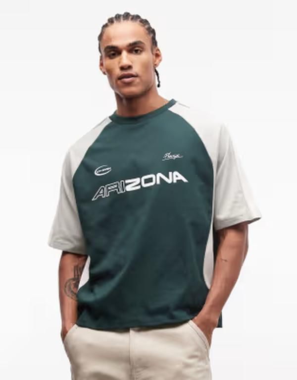 エイソス メンズ トップス Tシャツ グラフィック ASOS DESIGN boxy oversized tshirt with cut and sew paneling and sports graphicscarab グリーン