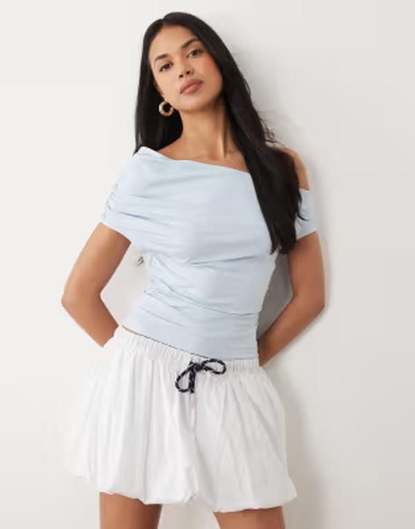 エイソス レディース トップス シャツ アシンメトリー ギャザー ASOS DESIGN slinky ruched one shoulder asymmetric top Blue ブルー
