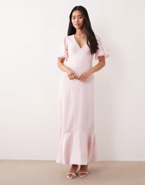 レース アンド ビーズ レディース トップス ワンピース フリル裾 Vネック フリル サテン マキシ Lace Beadsatin jacquard v neck ruffle hemaxi dress in light PINK ピンク