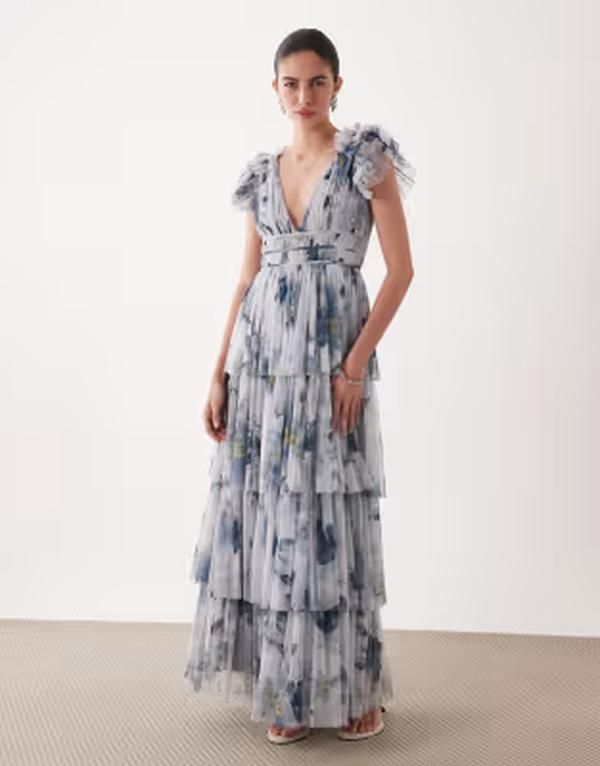レース アンド ビーズ レディース トップス ワンピース チュール ティアード フラワー柄 プリント フリル マキシ フラワー Lace Beads ruffle shoulders tiered tulle maxi dress floral print M