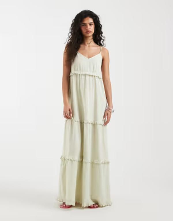 ヴェロモーダ レディース トップス ワンピース ティアード コットン マキシ Vero Moda tiered cotton cami maxi dress with scallop edge detailing in pale Fogreen グリーン
