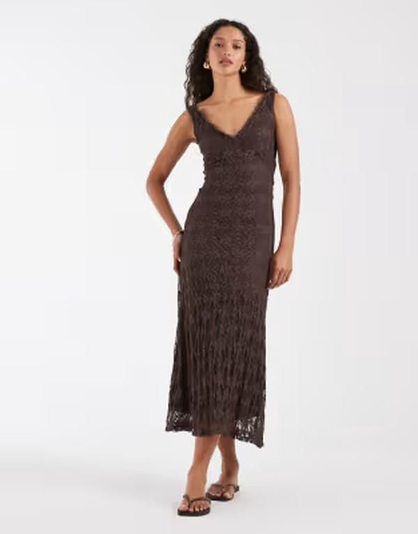 オンリー レディース トップス ワンピース Vネック レース マキシ ONLY vneck lace maxi dress BROWN ブラウン