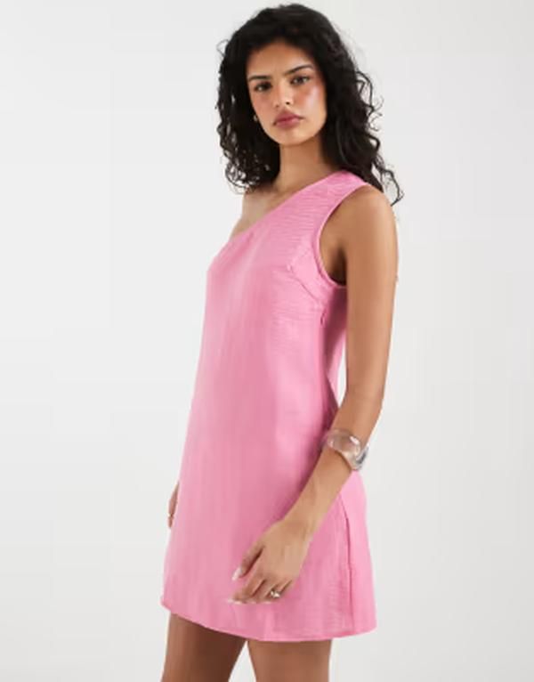 ヴェロモーダ レディース トップス ワンピース ミニ リネン Vero Moda linen look one shoulder mini dress in cosmos Pink Cosmos ピンク