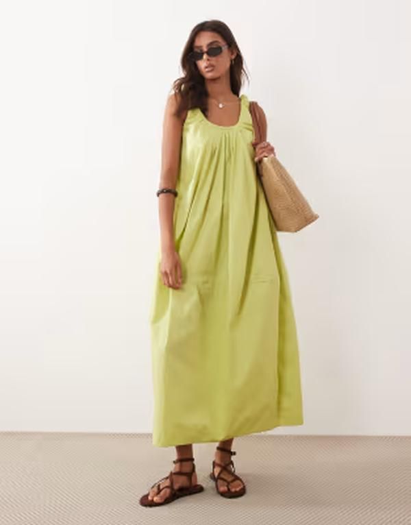 エイソス レディース トップス ワンピース ギャザー ASOS DESIGN poplin ruched scoop neck midaxi sundress in pistachio green グリーン