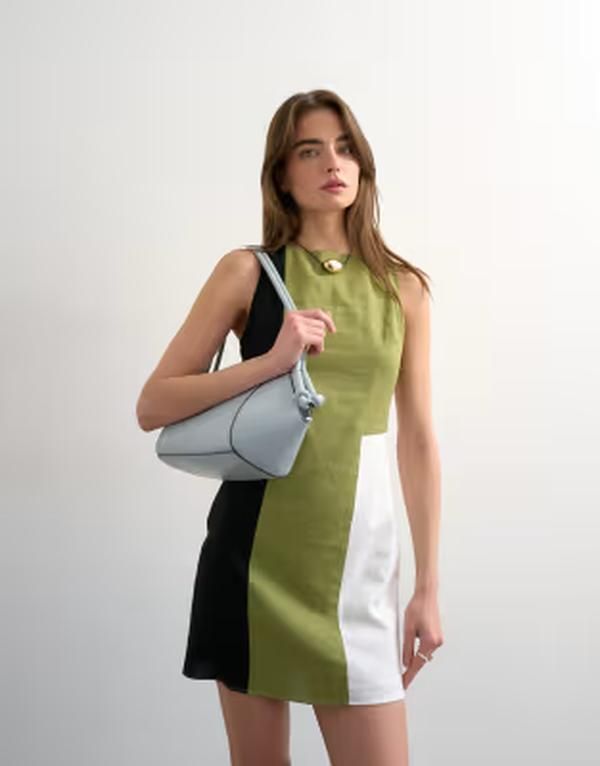 トップショップ レディース トップス ワンピース オープンバック ミニ リネン Topshopen back linen blend mini dressgreen color blockhaki カーキ