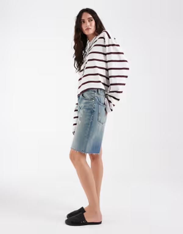 エイソス レディース トップス Tシャツ クロップド ASOS DESIGN long sleeve boxy cropped Tshirt in plum stripe FIG STRIPE ストライプ