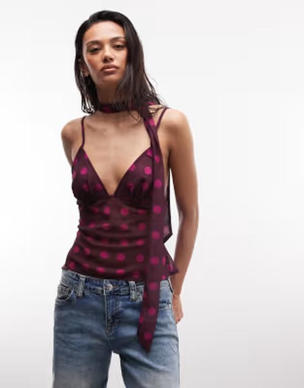 コルージョン レディース トップス シャツ ドット柄 シフォン ドット COLLUSION chiffon polka dot cami top with scarf PINK ピンク