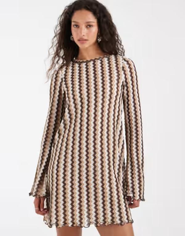 オンリー レディース トップス ワンピース ミニ ONLY crochet mini dress tonal stripe BEIGE ベージュ
