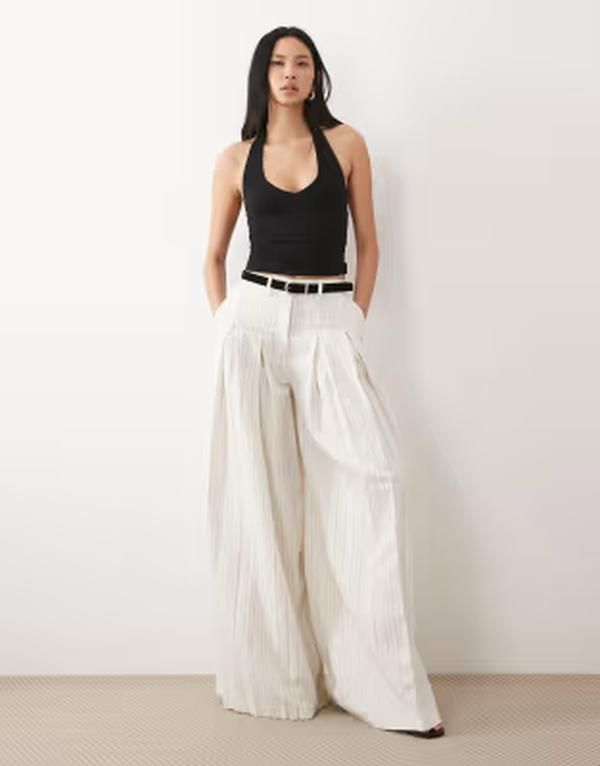 エイソス レディース ボトムス カジュアルパンツ トール リネン ASOS DESIGN Tall tailored belted palazzo pants with linen in ecru stripecru stripe エクリュ